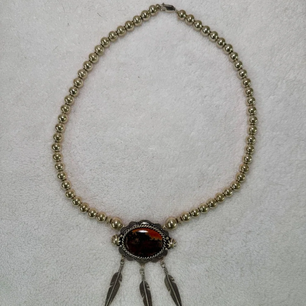 Carolyn Pollack Sterling Silver Jasper Feather Navajo Pearl Necklace‎ Southwest